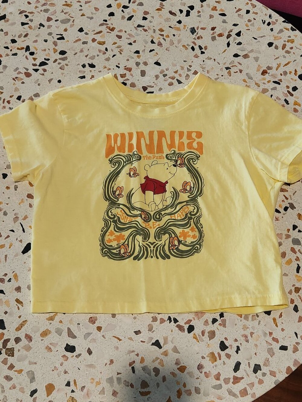 Disney's Winnie the Pooh "Just Be Happy" yellow crop top shirt women's large